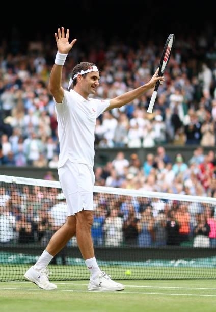 Roger Federer of Switzerland celebrates victory during his men's singles third round match against Cameron Norrie of Great Britain during Day Six of...