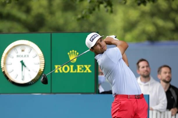Johannes Veerman of United States tees off on the 18th hole during Day Three of The Dubai Duty Free Irish Open at Mount Juliet Golf Club on July 03,...