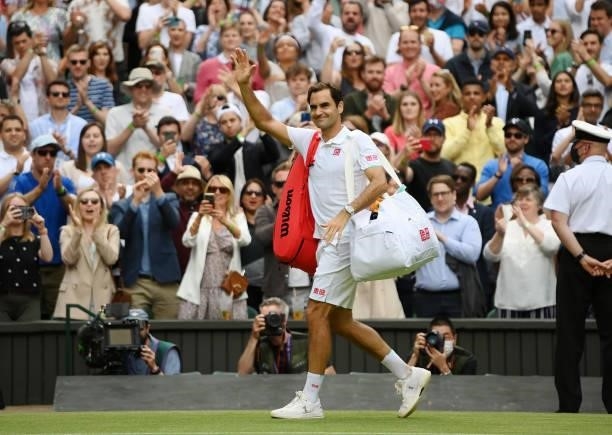 Roger Federer of Switzerland acknowledges the crowd after victory in his men's singles third round match against Cameron Norrie of Great Britain...