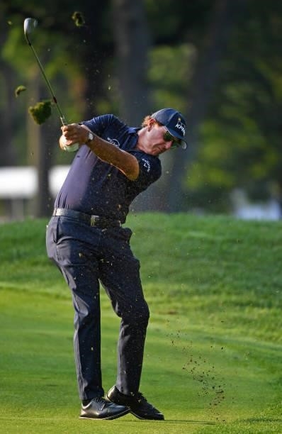 Phil Mickelson plays his shot on the first hole during the third round of the Rocket Mortgage Classic on July 03, 2021 at the Detroit Golf Club in...
