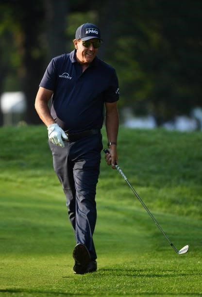 Phil Mickelson reacts to his putt on the first green during the third round of the Rocket Mortgage Classic on July 03, 2021 at the Detroit Golf Club...