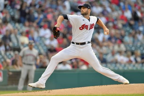 Starting pitcher Sam Hentges of the Cleveland Indians pitches during the first inning against the Houston Astros at Progressive Field on July 02,...