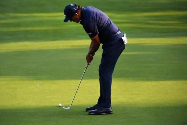 Phil Mickelson putts on the second hole during the third round of the Rocket Mortgage Classic on July 03, 2021 at the Detroit Golf Club in Detroit,...