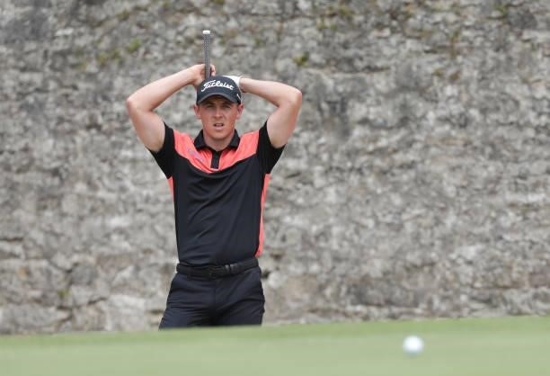 Grant Forrest of Scotland reacts to his bunker shot on the 16th hole during Day Three of The Dubai Duty Free Irish Open at Mount Juliet Golf Club on...