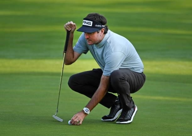 Bubba Watson lines up a putt on the second green during the third round of the Rocket Mortgage Classic on July 03, 2021 at the Detroit Golf Club in...