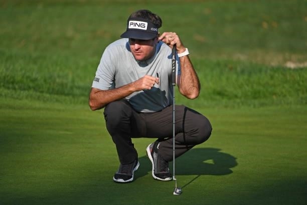 Bubba Watson lines up a putt on the fourth green during the third round of the Rocket Mortgage Classic on July 03, 2021 at the Detroit Golf Club in...
