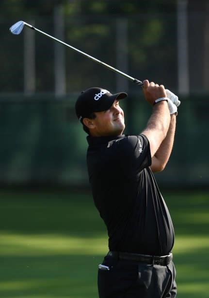 Patrick Reed plays his shot on the second hole during the third round of the Rocket Mortgage Classic on July 03, 2021 at the Detroit Golf Club in...