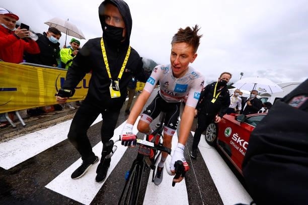 Tadej Pogačar of Slovenia and UAE-Team Emirates White Best Young Rider Jerse celebrates at arrival during the 108th Tour de France 2021, Stage 8 a...