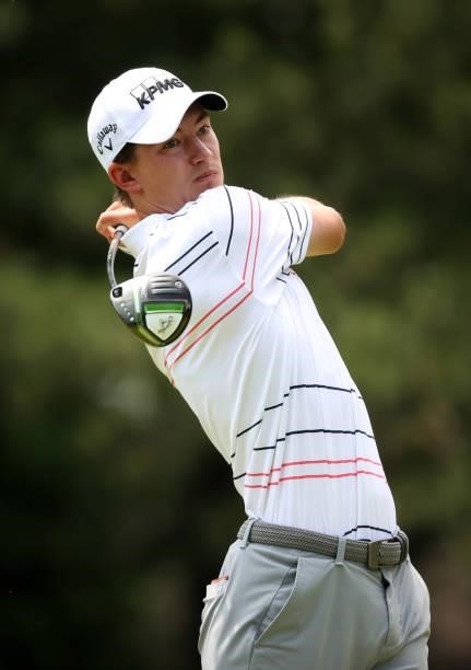 Maverick McNealy plays his shot from the fourth tee during the third round of the Rocket Mortgage Classic on July 03, 2021 at the Detroit Golf Club...
