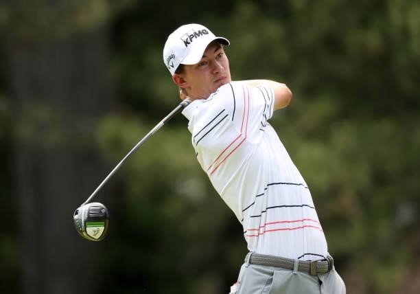 Maverick McNealy plays his shot from the fourth tee during the third round of the Rocket Mortgage Classic on July 03, 2021 at the Detroit Golf Club...
