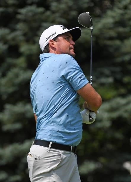 Keegan Bradley plays his shot from the fourth tee during the third round of the Rocket Mortgage Classic on July 03, 2021 at the Detroit Golf Club in...
