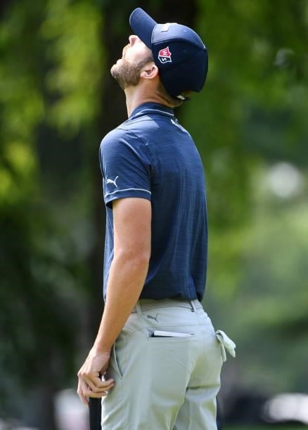 Kevin Tway reacts to his putt on the third hole during the third round of the Rocket Mortgage Classic on July 03, 2021 at the Detroit Golf Club in...