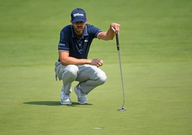 Kevin Tway lines up a putt on the second hole during the third round of the Rocket Mortgage Classic on July 03, 2021 at the Detroit Golf Club in...