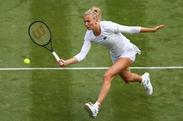 Katerina Siniakova of The Czech Republic hits a forehand during her Ladies' Singles third Round match against Ashleigh Barty of Australia during Day...