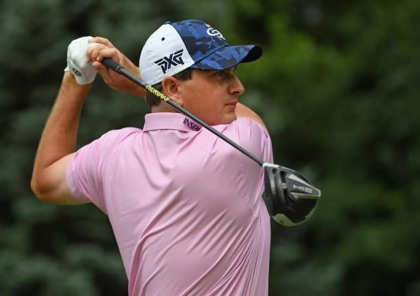 Henrik Norlander of Sweden plays his shot from the fourth tee during the third round of the Rocket Mortgage Classic on July 03, 2021 at the Detroit...