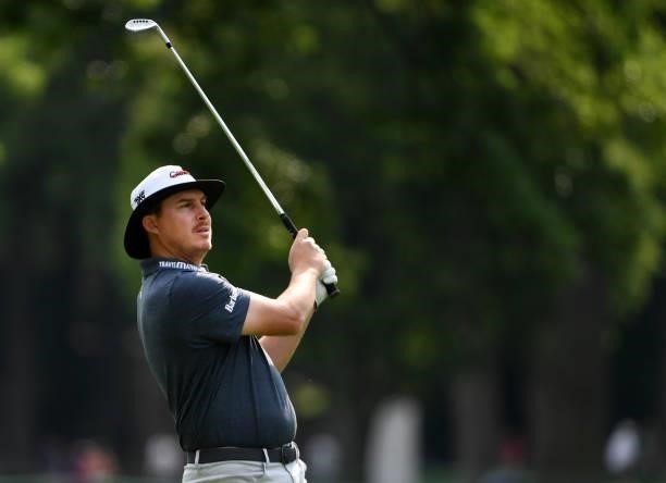 Joel Dahmen plays his shot on the third hole during the third round of the Rocket Mortgage Classic on July 03, 2021 at the Detroit Golf Club in...