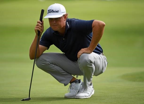 Patton Kizzire lines up a putt on the third green during the third round of the Rocket Mortgage Classic on July 03, 2021 at the Detroit Golf Club in...