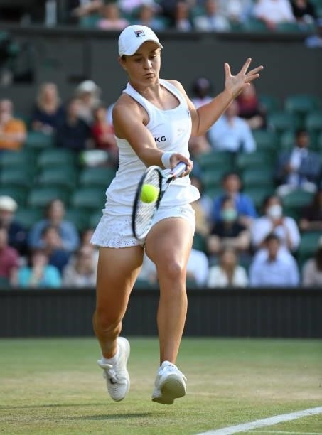 Ashleigh Barty of Australia hits a forehand during her Ladies' Singles third Round match against Katerina Siniakova of The Czech Republic during Day...