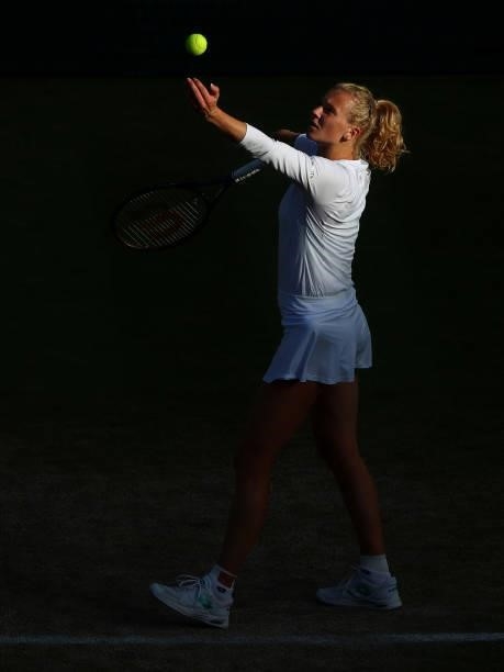 Katerina Siniakova of The Czech Republic serves during her Ladies' Singles third Round match against Ashleigh Barty of Australia during Day Six of...