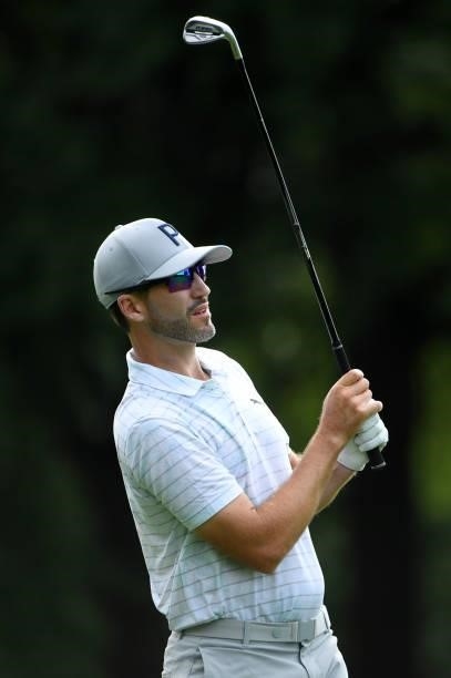 Chris Baker plays a shot on the third hole during the third round of the Rocket Mortgage Classic on July 03, 2021 at the Detroit Golf Club in...