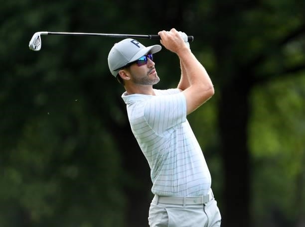 Chris Baker plays a shot on the third hole during the third round of the Rocket Mortgage Classic on July 03, 2021 at the Detroit Golf Club in...