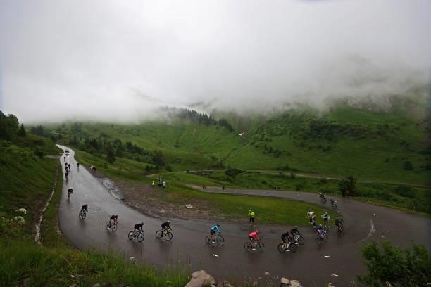 The Peloton passing through Col de la Colombière during the 108th Tour de France 2021, Stage 8 a 150,8km stage from Oyonnax to Le Grand-Bornand /...