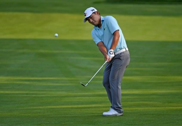 Sung Kang of South Korea chips on the second green during the third round of the Rocket Mortgage Classic on July 03, 2021 at the Detroit Golf Club in...