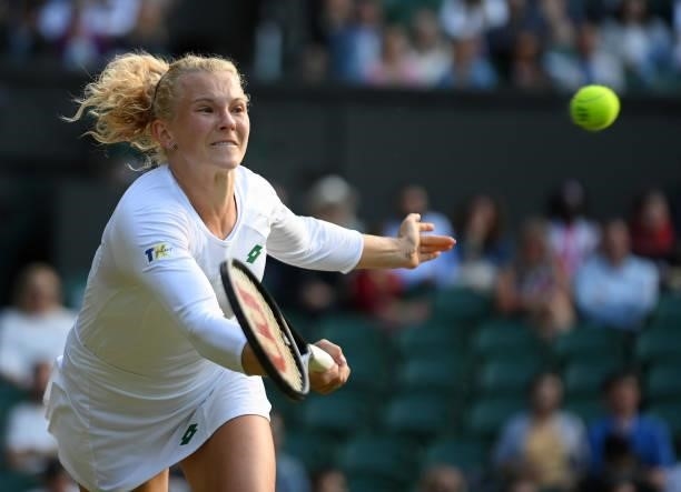 Katerina Siniakova of The Czech Republic plays a forehand during her Ladies' Singles third Round match against Ashleigh Barty of Australia during Day...