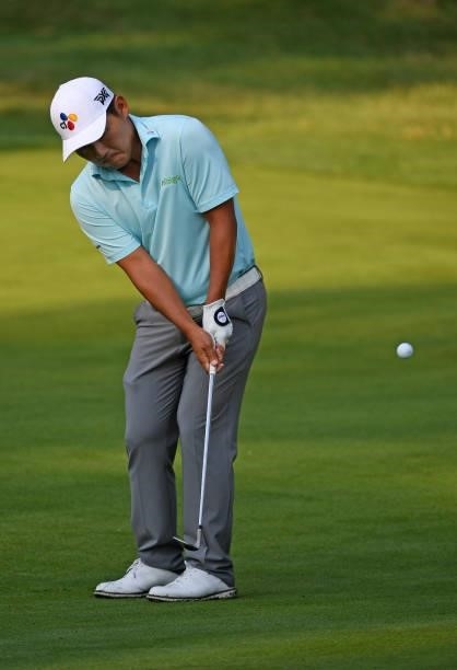 Sung Kang of South Korea chips onto the fourth green during the third round of the Rocket Mortgage Classic on July 03, 2021 at the Detroit Golf Club...
