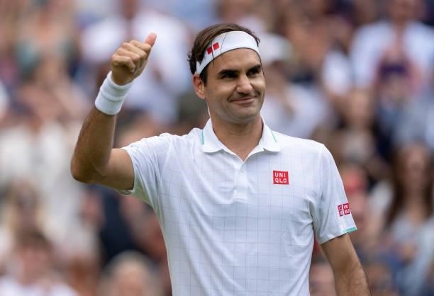Roger Federer of Switzerland celebrates victory during his men's singles third round match against Cameron Norrie of Great Britain during Day Six of...