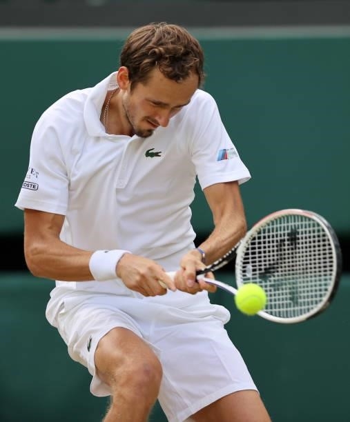 Daniil Medvedev of Russia plays a backhand during his men's singles third round match against Marin Cilic of Croatia during Day Six of The...