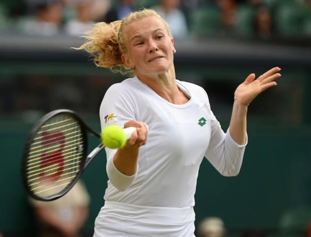 Katerina Siniakova of The Czech Republic plays a forehand during her Ladies' Singles third Round match against Ashleigh Barty of Australia during Day...