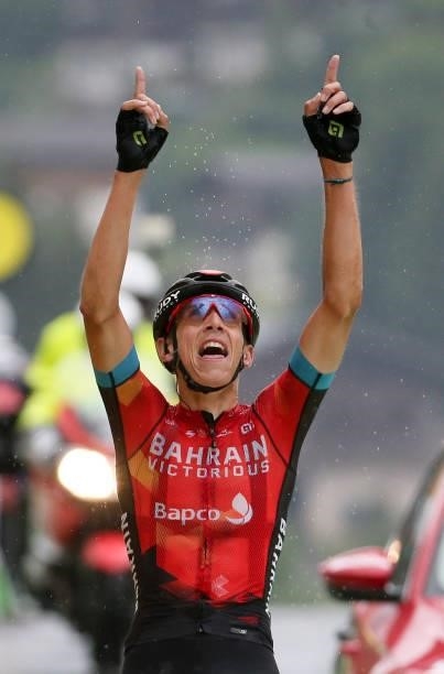 Dylan Teuns of Belgium and Bahrain Victorious celebrates winning stage 8 of the 108th Tour de France 2021, a stage of 151 km between Oyonnax and Le...