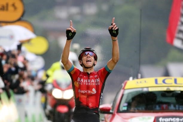 Dylan Teuns of Belgium and Bahrain Victorious celebrates winning stage 8 of the 108th Tour de France 2021, a stage of 151 km between Oyonnax and Le...