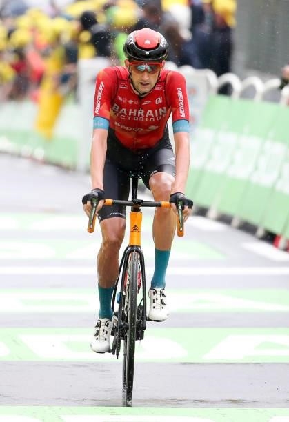 Wout Poels of Netherlands and Bahrain Victorious crosses the finish line during stage 8 of the 108th Tour de France 2021, a stage of 151 km between...