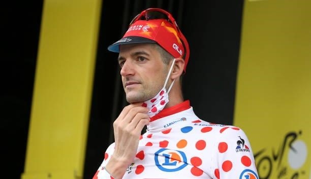Wout Poels of Netherlands and Bahrain Victorious wears the polka dot jersey of best climber during the trophy ceremony of stage 8 of the 108th Tour...