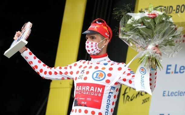 Wout Poels of Netherlands and Bahrain Victorious wears the polka dot jersey of best climber during the trophy ceremony of stage 8 of the 108th Tour...