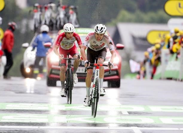 Aurelien Paret Peintre of France and AG2R Citroen Team, Guillaume Martin of France and Cofidis cross the finish line during stage 8 of the 108th Tour...