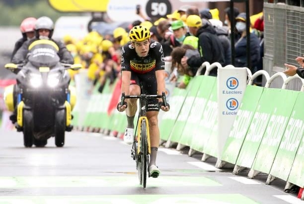 Wout van Aert of Belgium and Jumbo - Visma crosses the finish line during stage 8 of the 108th Tour de France 2021, a stage of 151 km between Oyonnax...