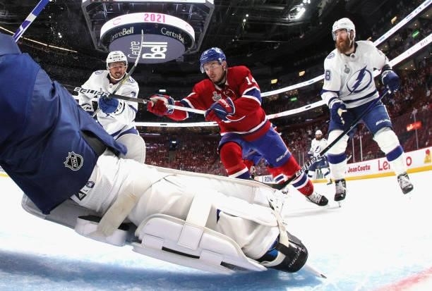 Nick Suzuki of the Montreal Canadiens skates against the Tampa Bay Lightning during Game Three of the 2021 NHL Stanley Cup Final at the Bell Centre...