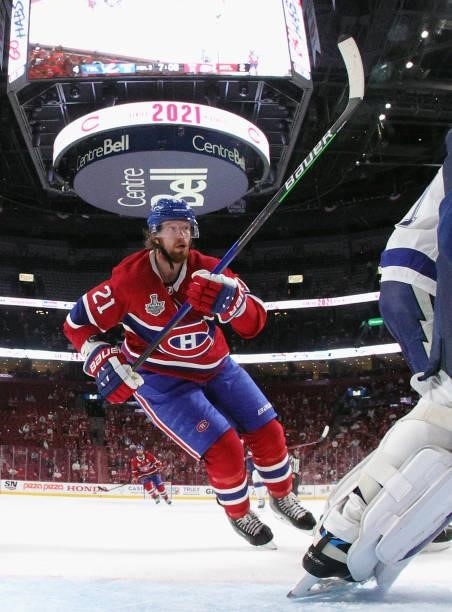 Eric Staal of the Montreal Canadiens skates against the Tampa Bay Lightning during Game Three of the 2021 NHL Stanley Cup Final at the Bell Centre on...