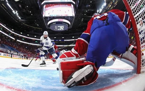 Nikita Kucherov of the Tampa Bay Lightning moves in and scores on Carey Price of the Montreal Canadiens during Game Three of the 2021 NHL Stanley Cup...
