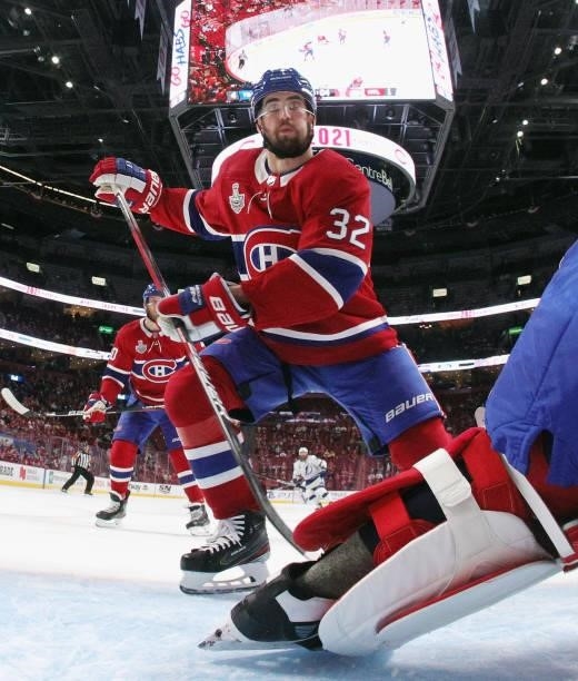 Erik Gustafsson of the Montreal Canadiens skates against the Tampa Bay Lightning during Game Three of the 2021 NHL Stanley Cup Final at the Bell...