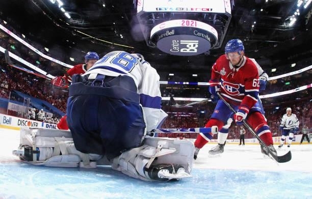 Andrei Vasilevskiy of the Tampa Bay Lightning tends net against the Montreal Canadiens during Game Three of the 2021 NHL Stanley Cup Final at the...