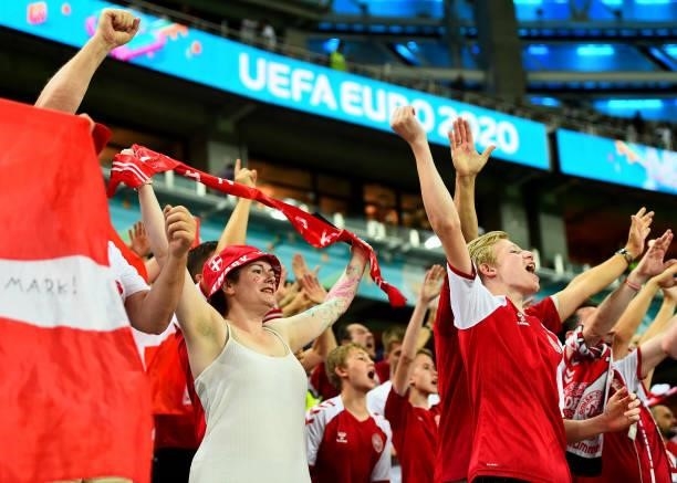 Supporters of Denmark celebrate during the UEFA Euro 2020 Championship Quarter-final match between Czech Republic and Denmark at Baku Olimpiya...