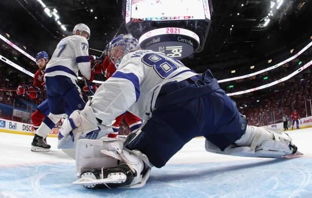 Andrei Vasilevskiy of the Tampa Bay Lightning tends net against the Montreal Canadiens during Game Three of the 2021 NHL Stanley Cup Final at the...