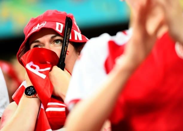 Denmark fan watches the game during the UEFA Euro 2020 Championship Quarter-final match between Czech Republic and Denmark at Baku Olimpiya Stadionu...