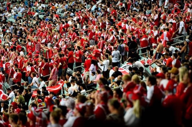 Denmark fans support their team during the UEFA Euro 2020 Championship Quarter-final match between Czech Republic and Denmark at Baku Olimpiya...
