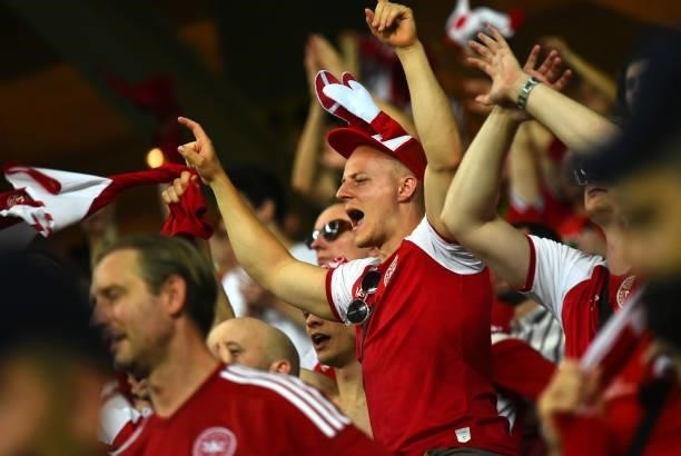 Denmark fans support their team during the UEFA Euro 2020 Championship Quarter-final match between Czech Republic and Denmark at Baku Olimpiya...