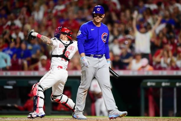 Anthony Rizzo of the Chicago Cubs strikes out during a game between the Chicago Cubs and Cincinnati Reds at Great American Ball Park on July 02, 2021...